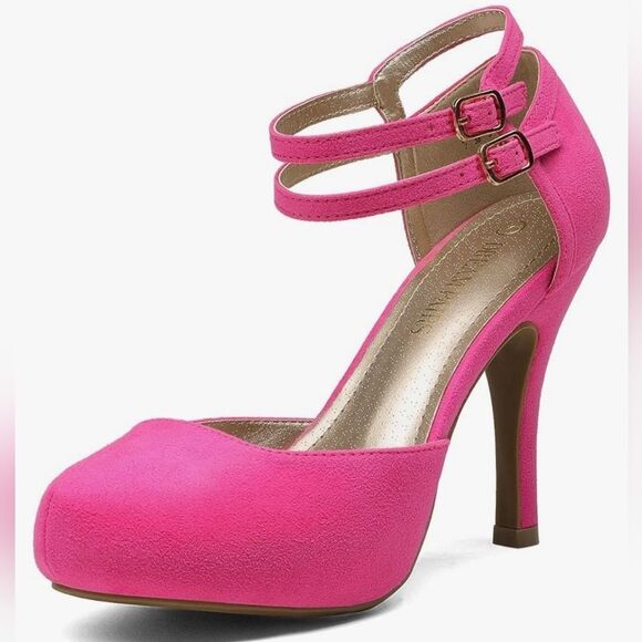📷🔥Hot Pink Faux Suede Leather Double Ankle Strap Platform Heels Size 7.5 - Picture 3 of 6